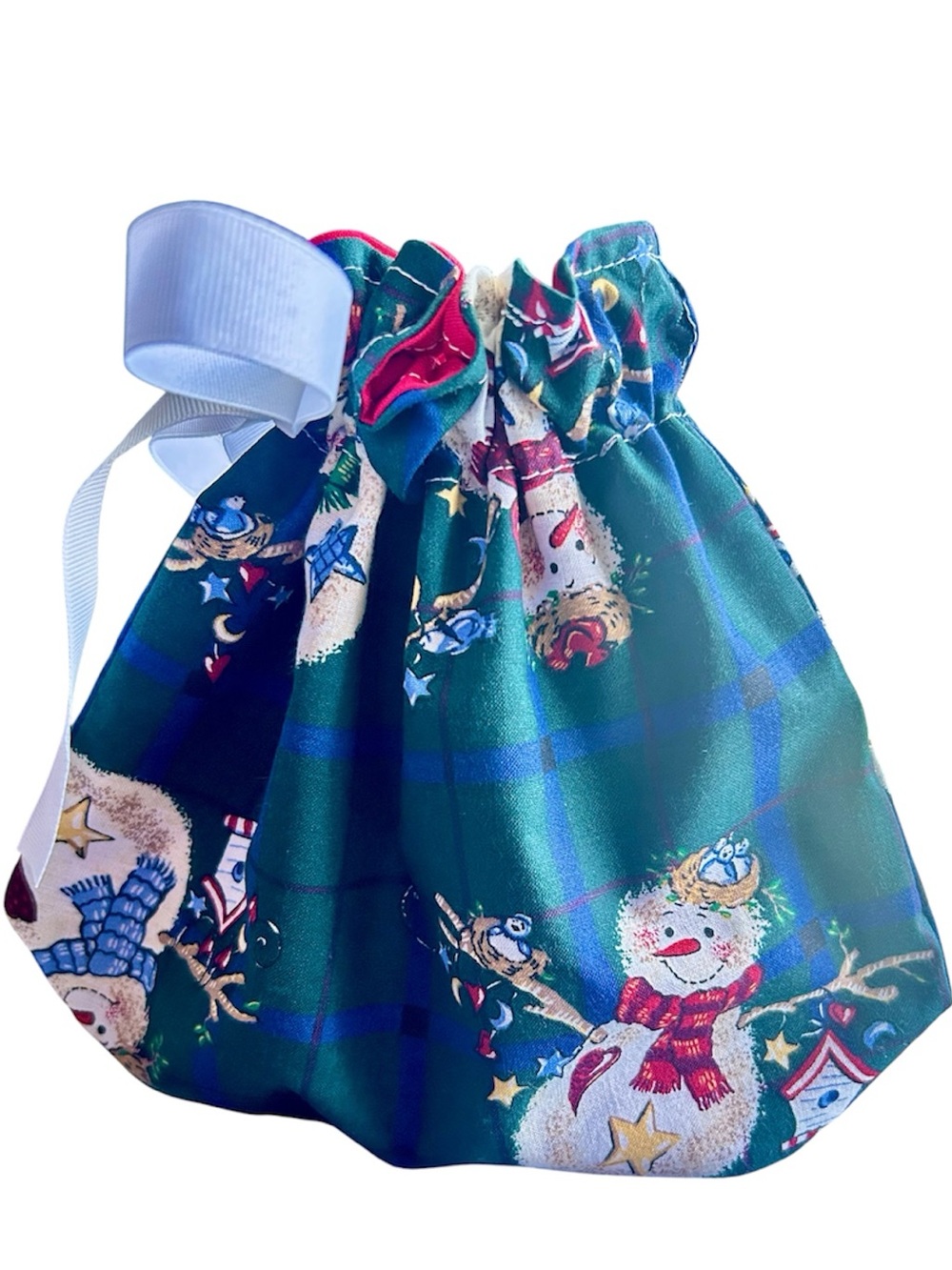 Hand Crafted Snowman Drawstring Gift Bag with White Ribbon Eco Friendly Reusable